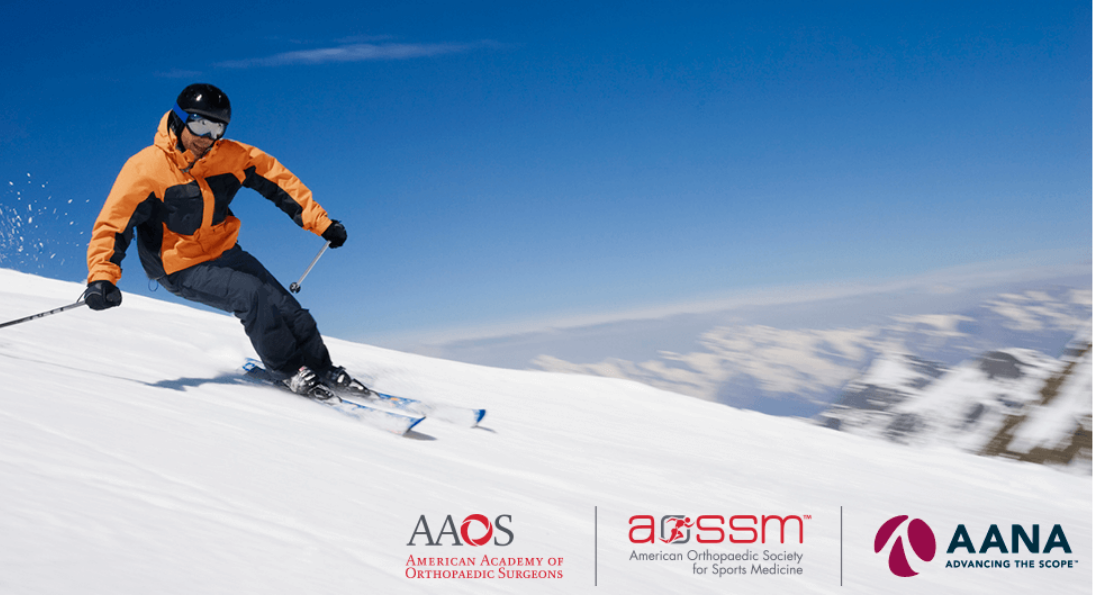 Skier with AAOS, AOSSM and AANA logos