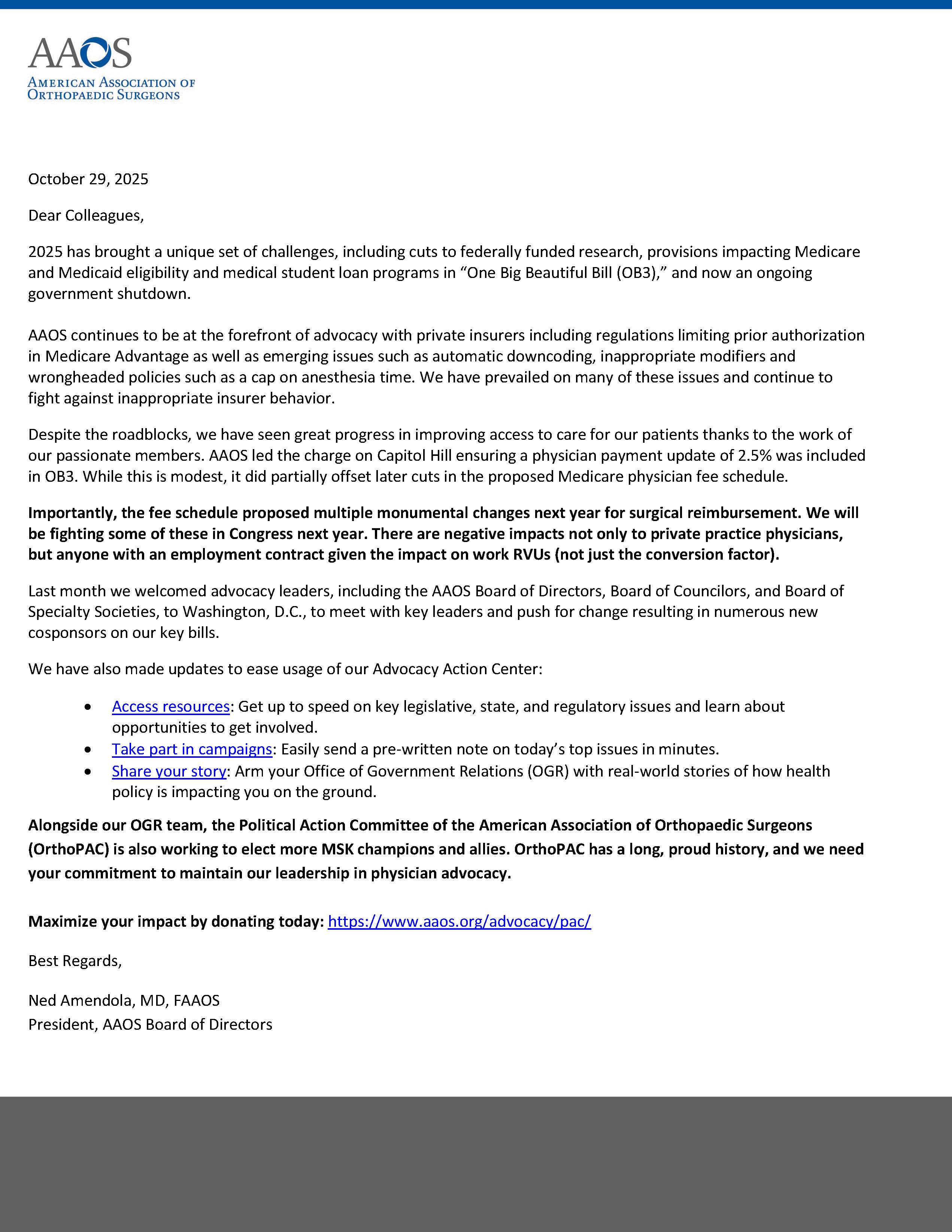 Dr. Amendola Message_Advocacy Update